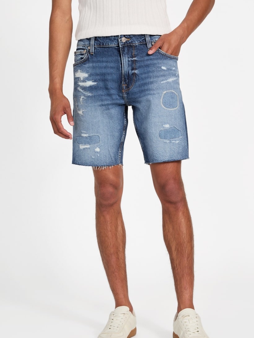 New Guess Distressed Blue Denim Patchwork Shorts Sz 36